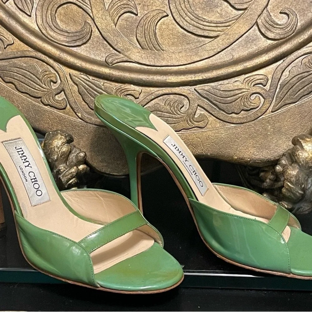 Jimmy Choo Glossy Green Patent Slide Sandals - Picture 5 of 5